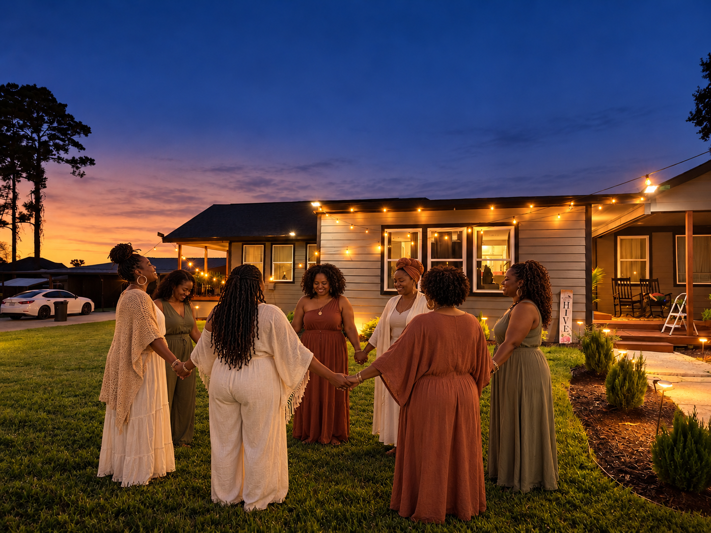 Evening gathering outside The Haven at WellNest Retreat Ranch