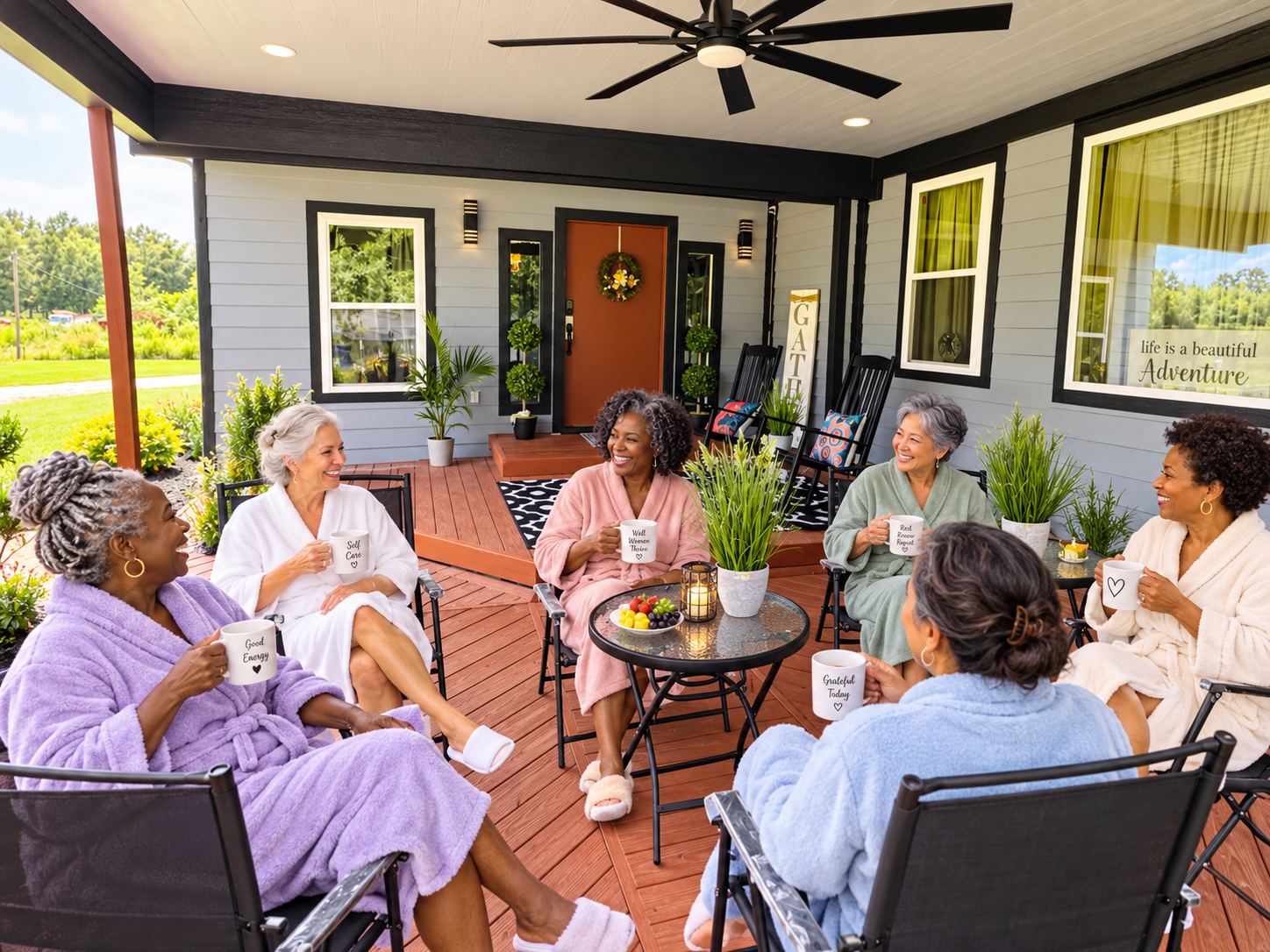 Women in robes enjoying a restorative day retreat at WellNest Retreat Ranch