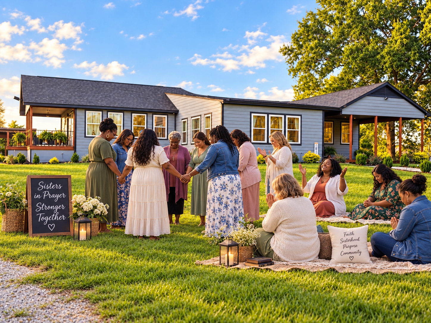 Prayer gathering on the lawn at WellNest Retreat Ranch