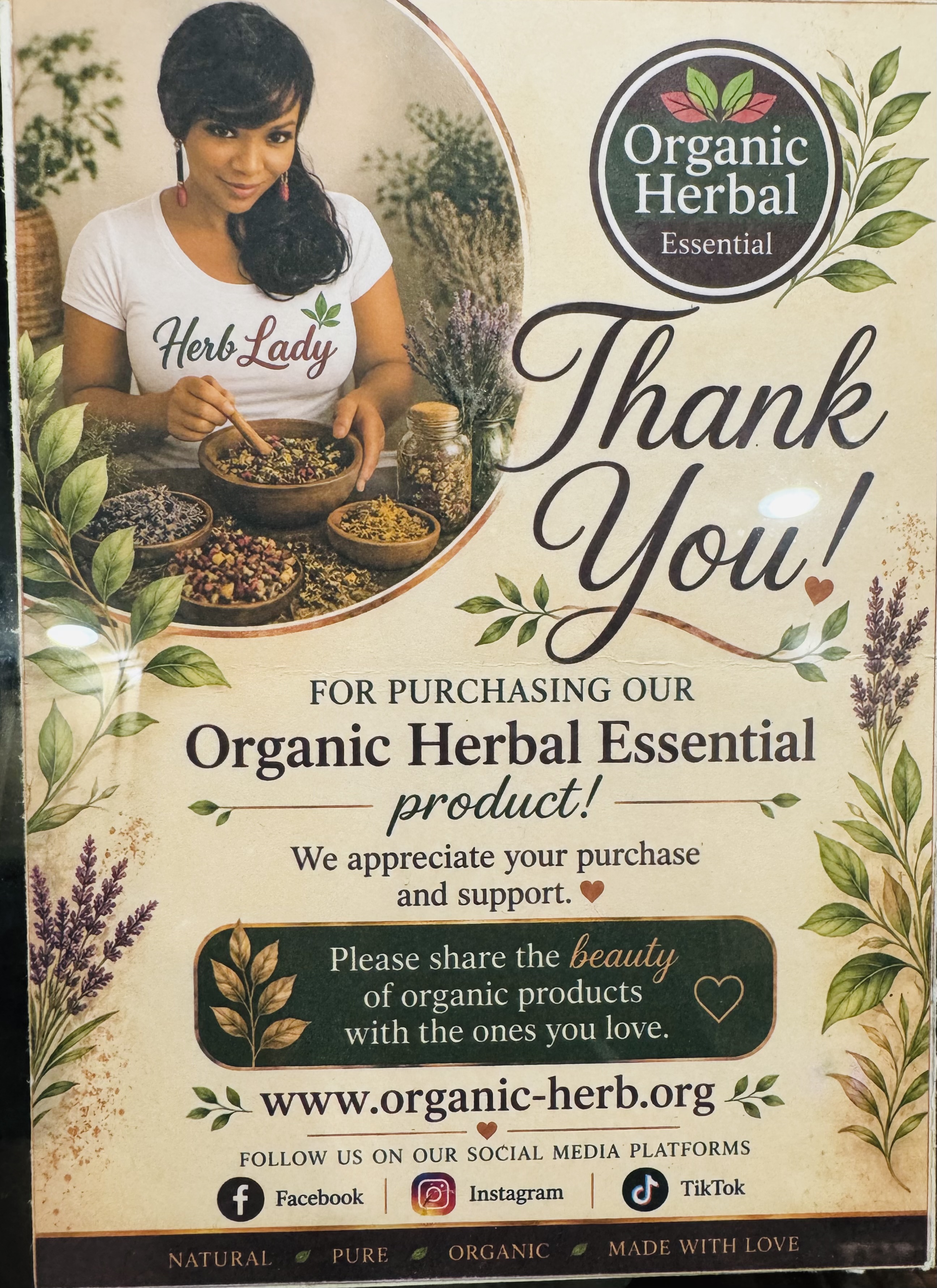 Organic Herbal Essential product flyer by Wellness Coach and Herbalist Lynette Thomas
