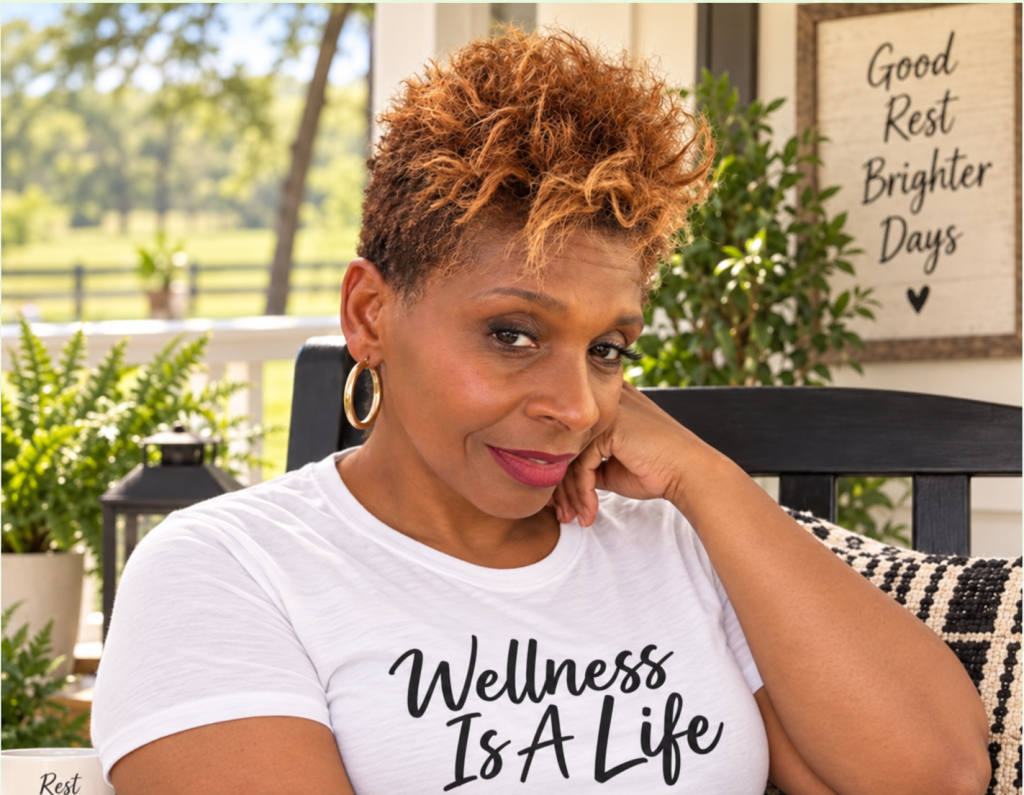 Lady J wearing gold hoop earrings and a Wellness is a Life shirt